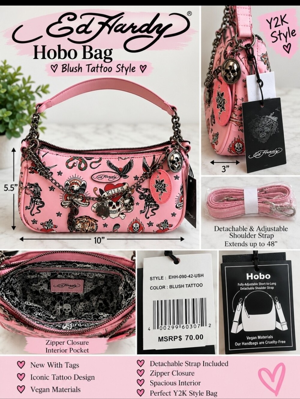 Ed Hardy Pink Blush Tattoo Hobo Bag